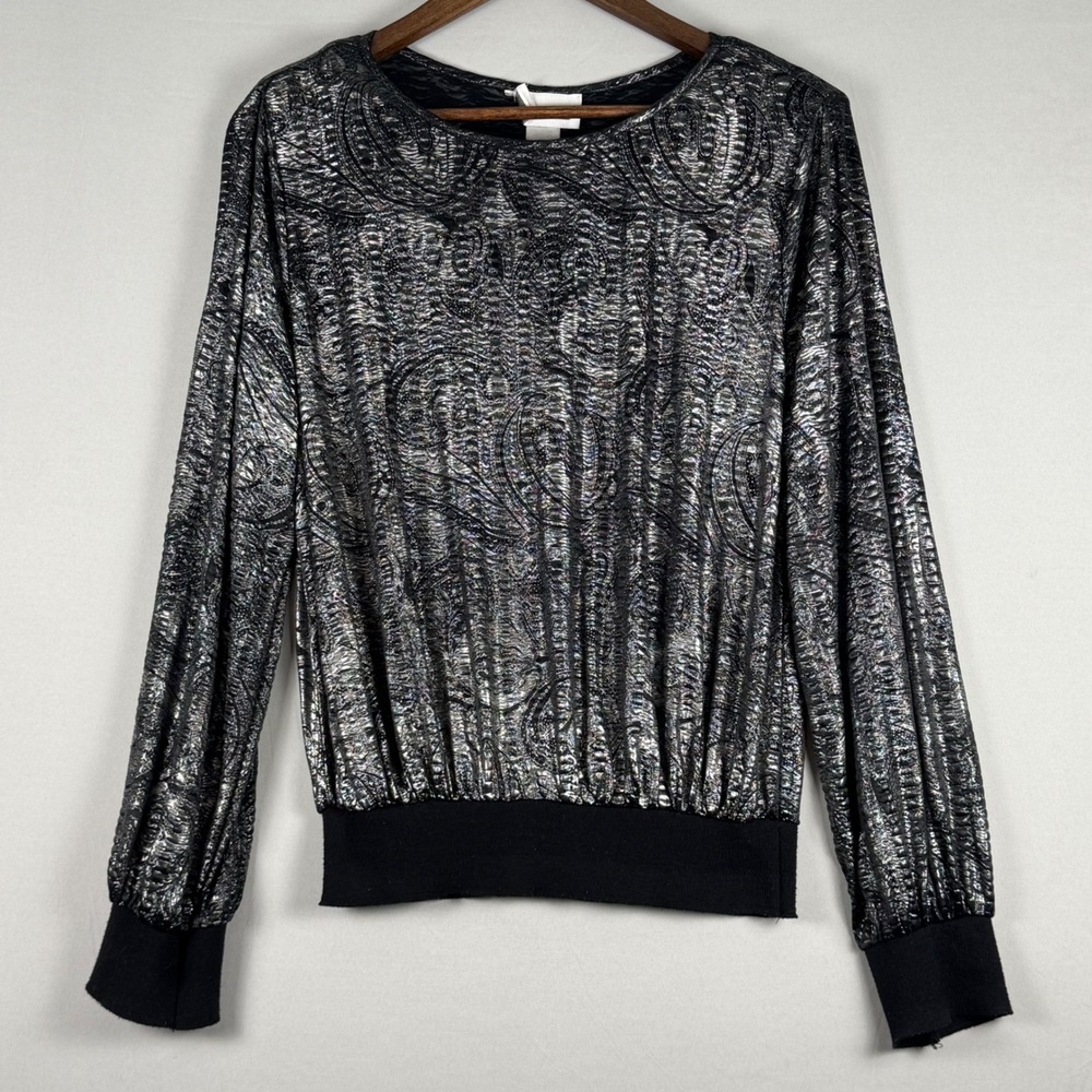 Judy Bond Top Women XL Black Silver  Vintage Metallic Paisley Disco 70's 80's